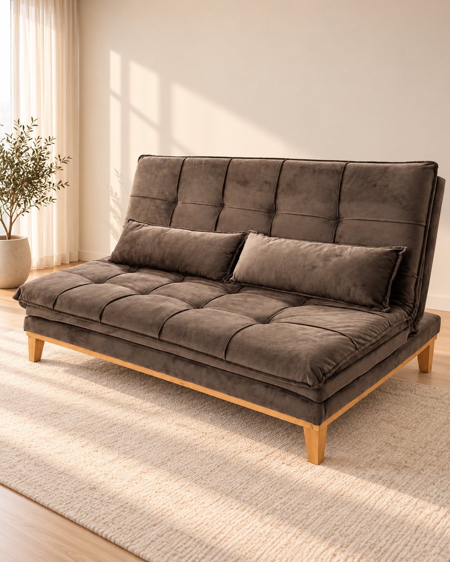 Simulação do Sofá Cama Slim chocolate em um ambiente